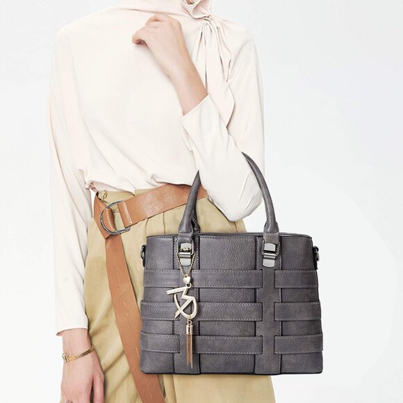 PU Leather Weave Grey Shoulder Bag for Women Elegant Top Handle Designer Purse - Picture 2 of 8